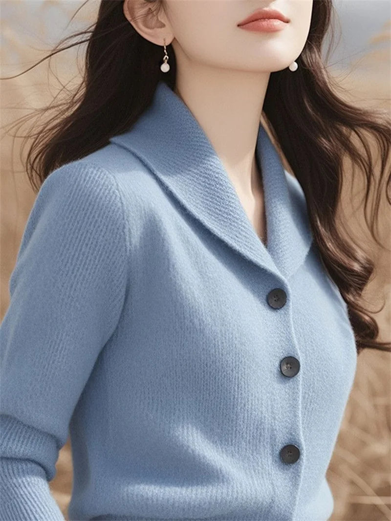 Turndown Collar High End Women Knit Cardigan Sweater Korean Knitwear Tops