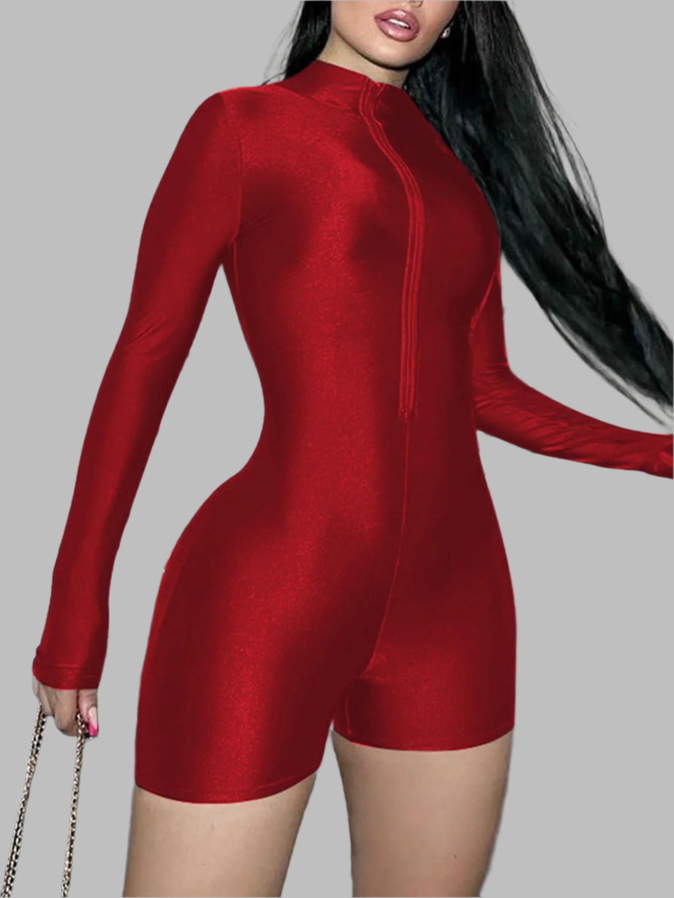 Solid Turtleneck Playsuit Romper Long Sleeve Zip Up Sexy Slim Skinny One Piece Playsuit Party Romper