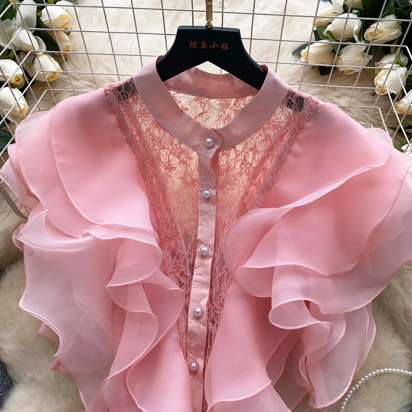 Ruffle Blouses Women French Style Single Breasted Lace Patchwork Shirt Summer Top
