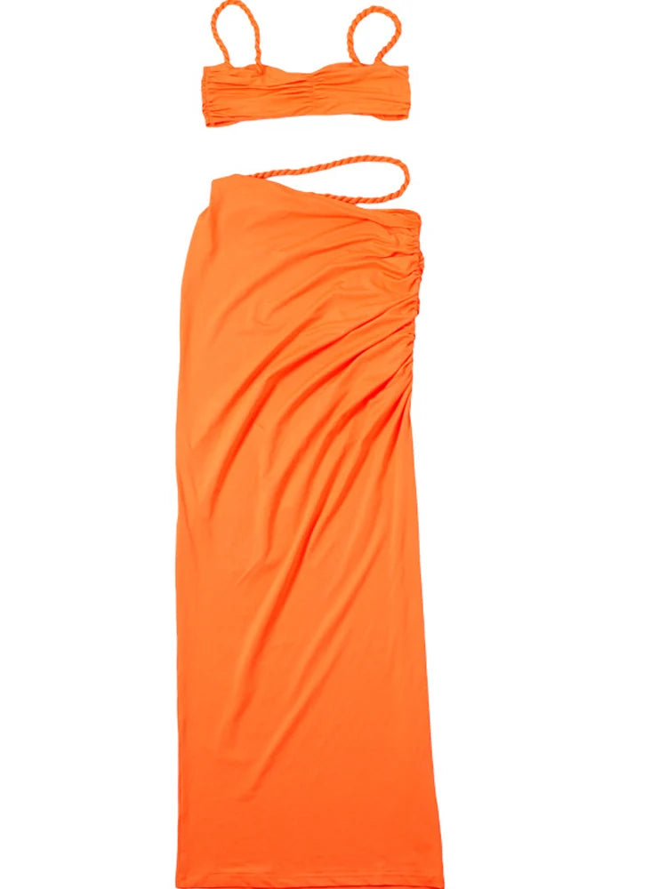 Women Skirt Set Women Two-Piece Dress Summer Orange Bandage Maxi Skirt Set Vacation Outfits