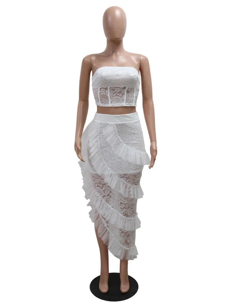 Two 2 Piece Sets for Women White Lace See Through Sleeveless Strapless Top and Ruffles Long Skirt Set