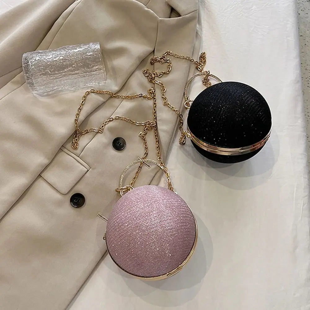 Gold Bright Silk Circular Evening Bag Women Banquet Clutch Rhinestone Chain Shoulder Bags