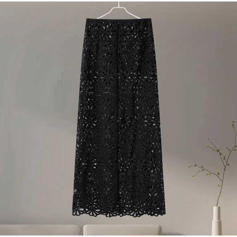 Summer Vacation See Through Crochet Top Women Set Hallow Out Flare Long Sleeve Skirts Set