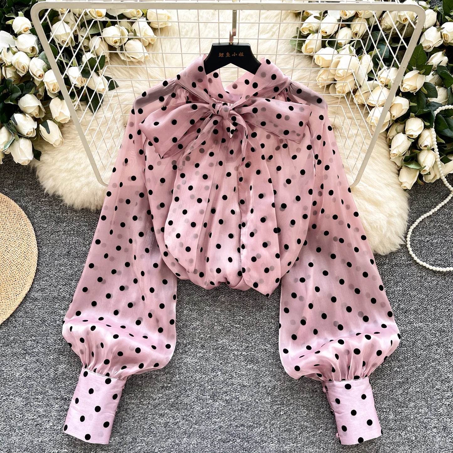 Vintage Polka Dot Tops Puff Sleeve Bow Lace Up Design Blouse