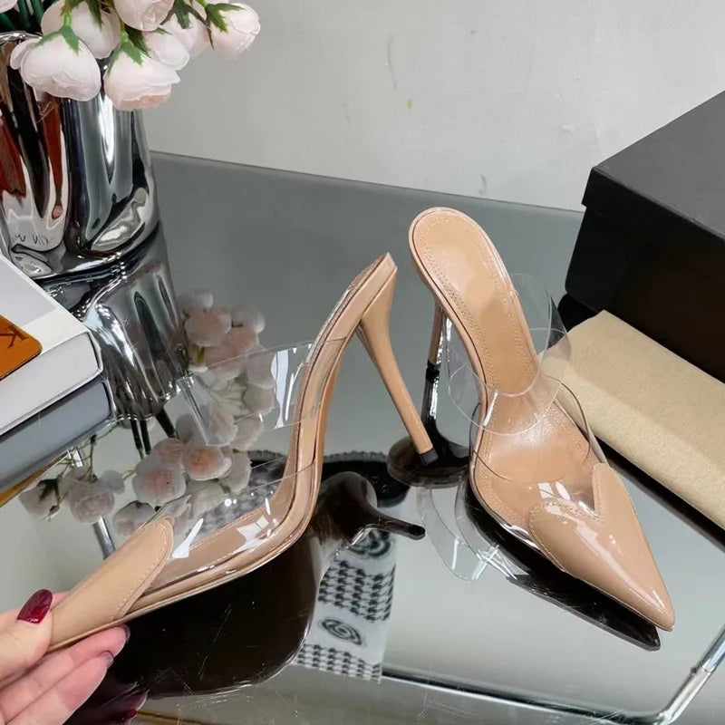 Transparent PVC Mixed-color Women Pumps Elegant Pointed toe Thin High heels Slingbacks Mules Party Prom Shoes