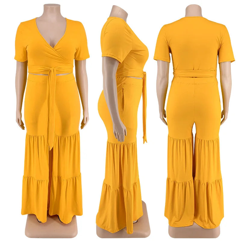 Plus Size Pants Sets Two Piece Outfits Summer Holiday Solid Bandage Top Wide Leg New Matching Suit