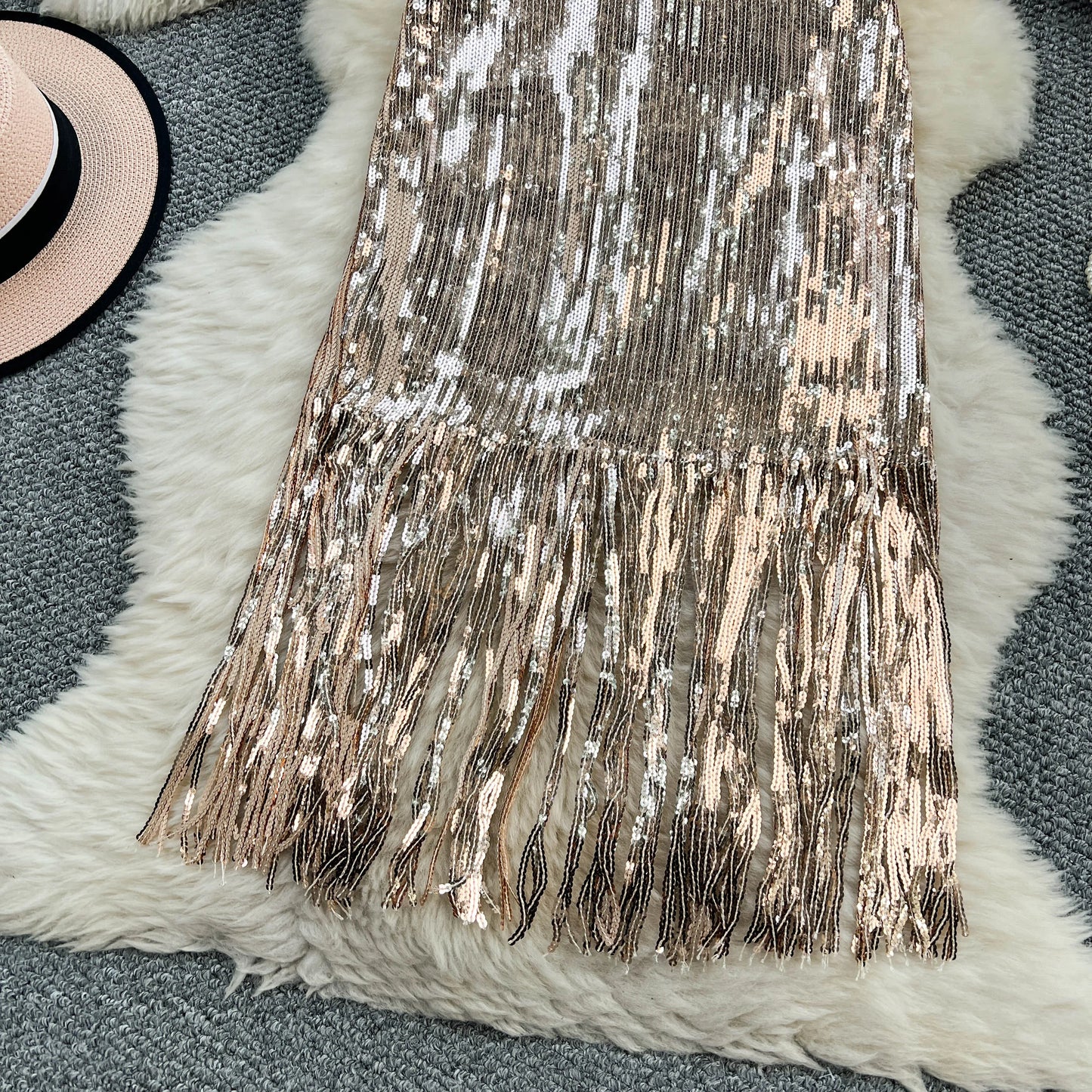 Women Chic Sequin tassel glitter Skirt High Waist Elegant Korean Fashion Skirt