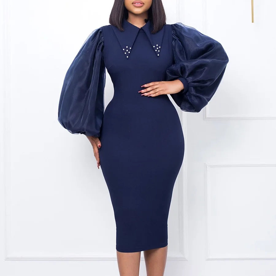 Elegant Office Dress fro Women Professional Full Sleeve Turn Down Collar Beaded Sheath Package Hips Mid Calf Formal Work Dress