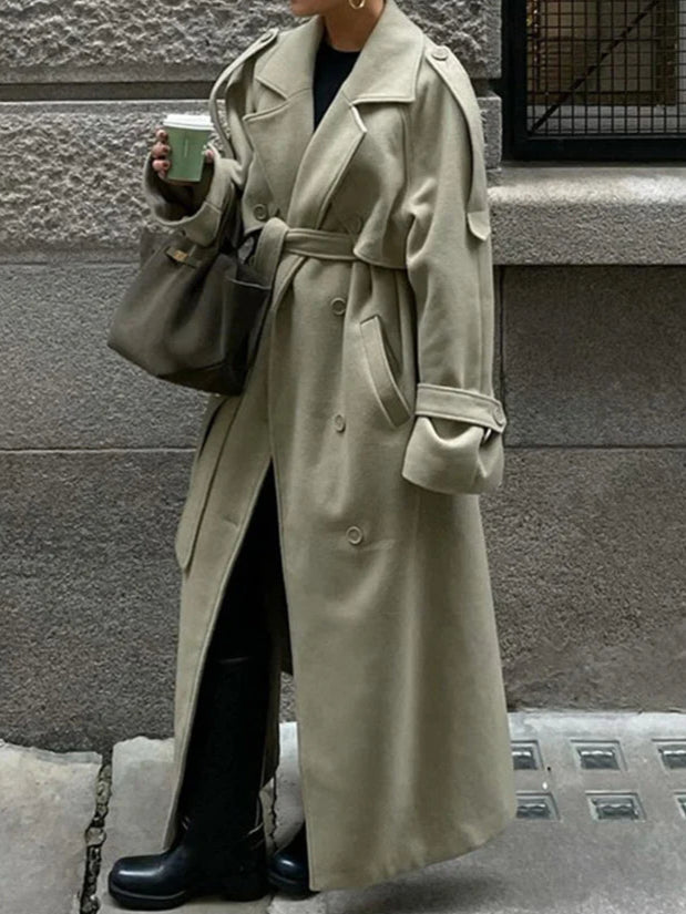 Urban Solid Double Breasted Long Women Coat Loose Full Sleeve Belt Double Breasted Jacket