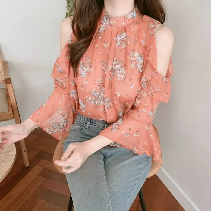 Floral Chiffon Shirts & Blouses For Women Off Shoulder Woman Top