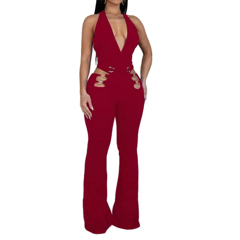 Women V-Neck Backless Straight Sleeveless Flare Jumpsuits One Piece Outfits