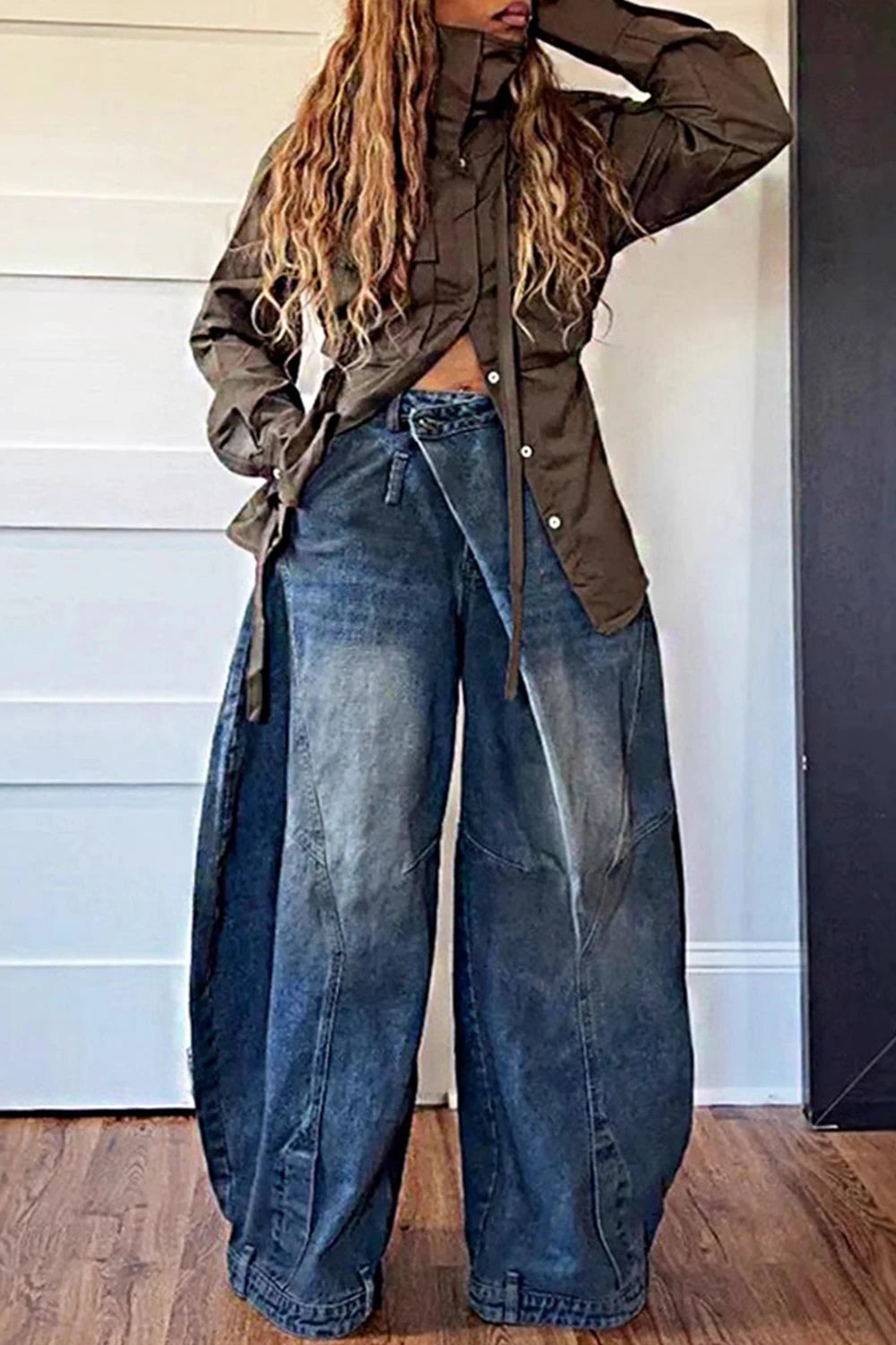 Women Loose Denim Jeans Pants Asymmetric Button Pocket Washed Jeans for Women