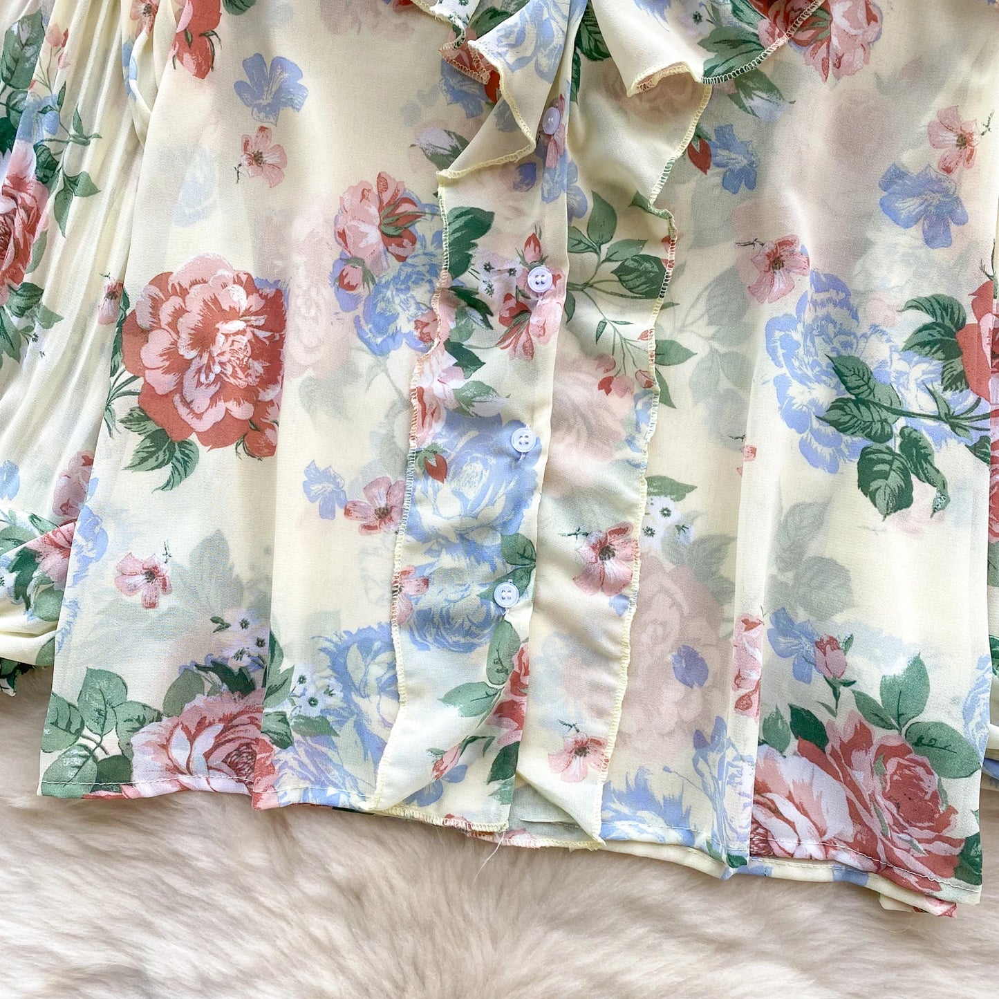 Floral Print Loose Shirt Women Lantern Sleeve V Neck Thin Causal Ruffle Blouse