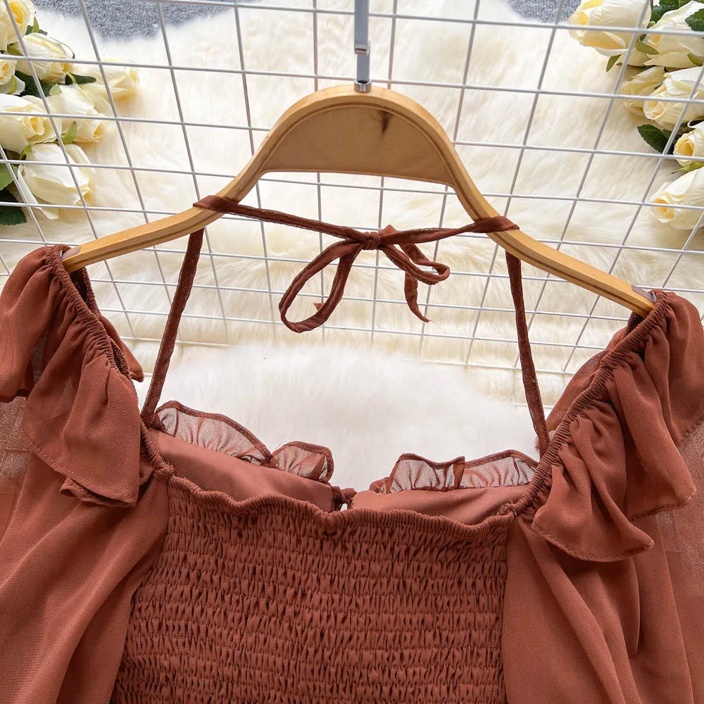 Flare Sleeve Women Top Ruffle Solid Elastic Waist Halter Backless Chiffon Blouse