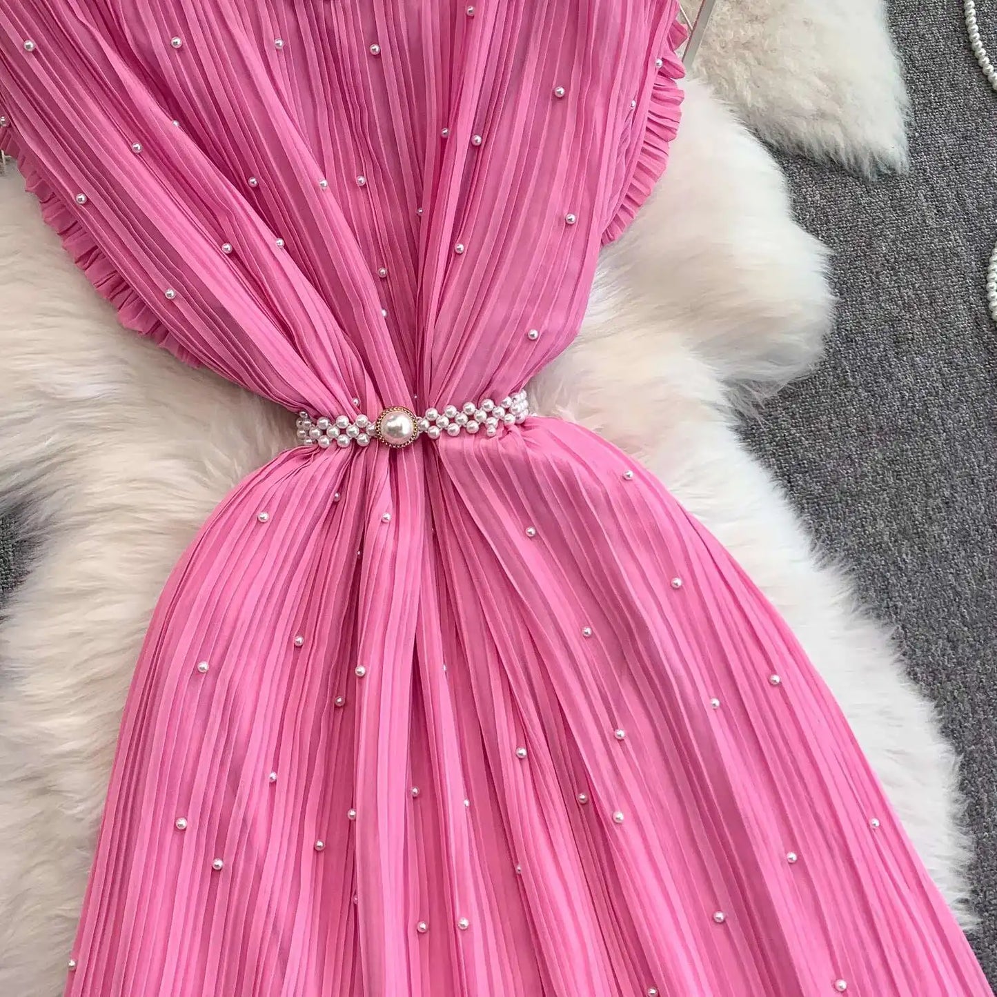 Summer Luxury Pearls Long Chiffon Dress For Women Loose Big Size Short Sleeve Crystal Birthday Evening Midi Pleated Dresses