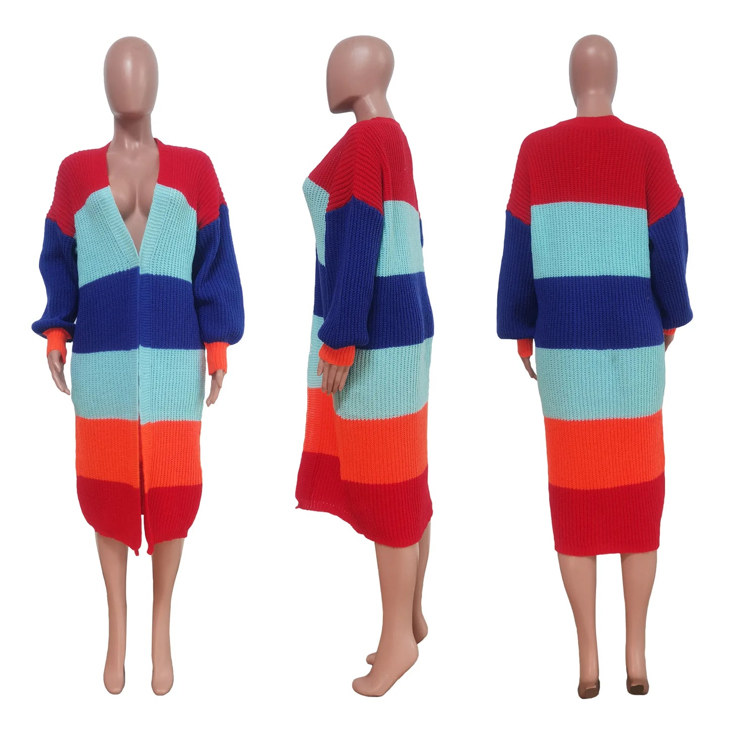 Elegant Women Knit Ribbed Cardigan Patchwork Long Sleeve Open Stitch Thick Sweater
