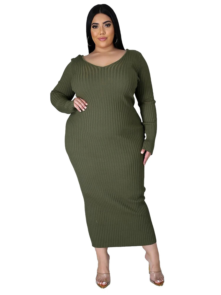Ladies Knitted Sweater Dress Midi Dress Long Sleeves Chic and Elegant Plus Size Dresses