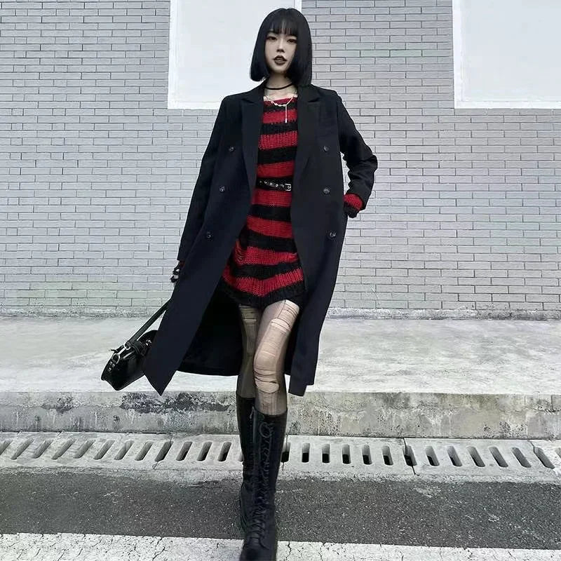 Punk Gothic Long Sweater Women Striped Broken Jumper