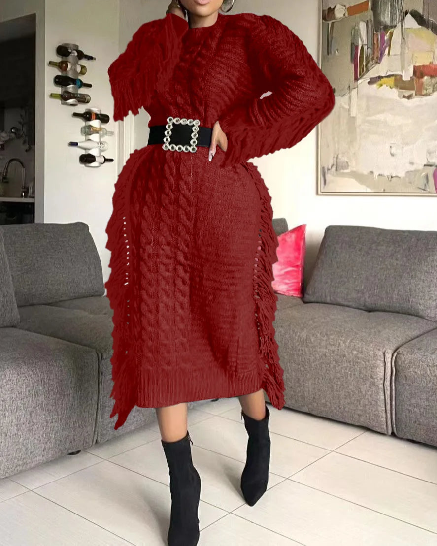 Women Long Sleeve Tassel Bodycon Midi Knit Dress O-neck Sweater Dress
