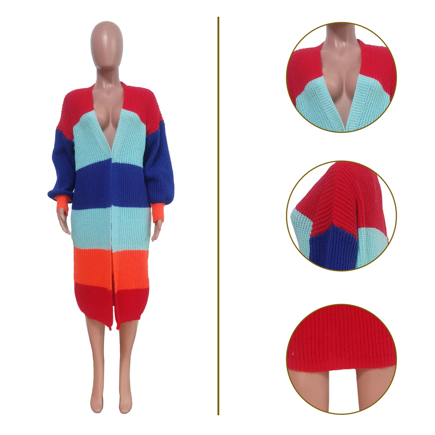 Elegant Women Knit Ribbed Cardigan Patchwork Long Sleeve Open Stitch Thick Sweater