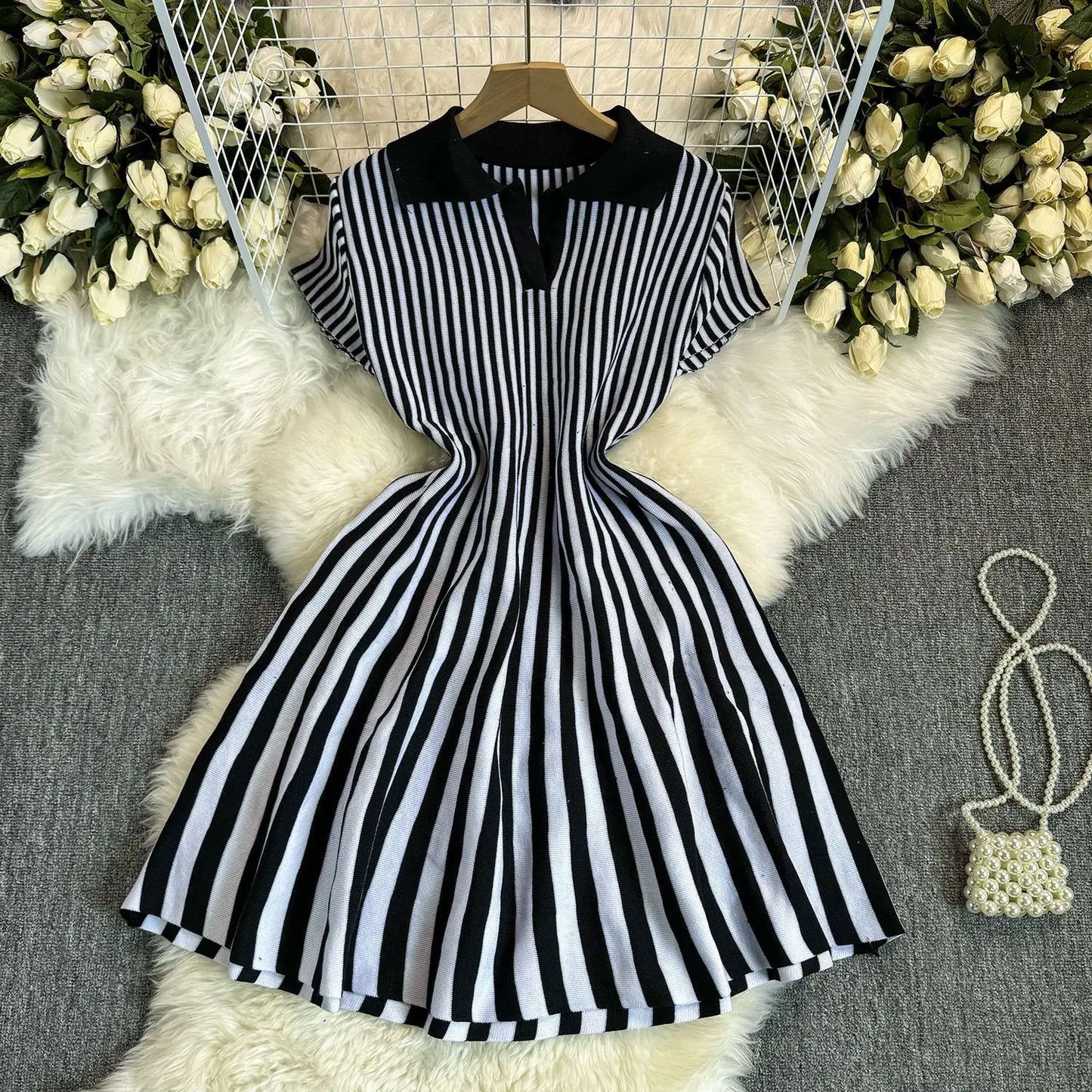 Sweater Striped Dress Knit Dresses Ruffles Party Casual Elegant Knitted Y2k Streetwear