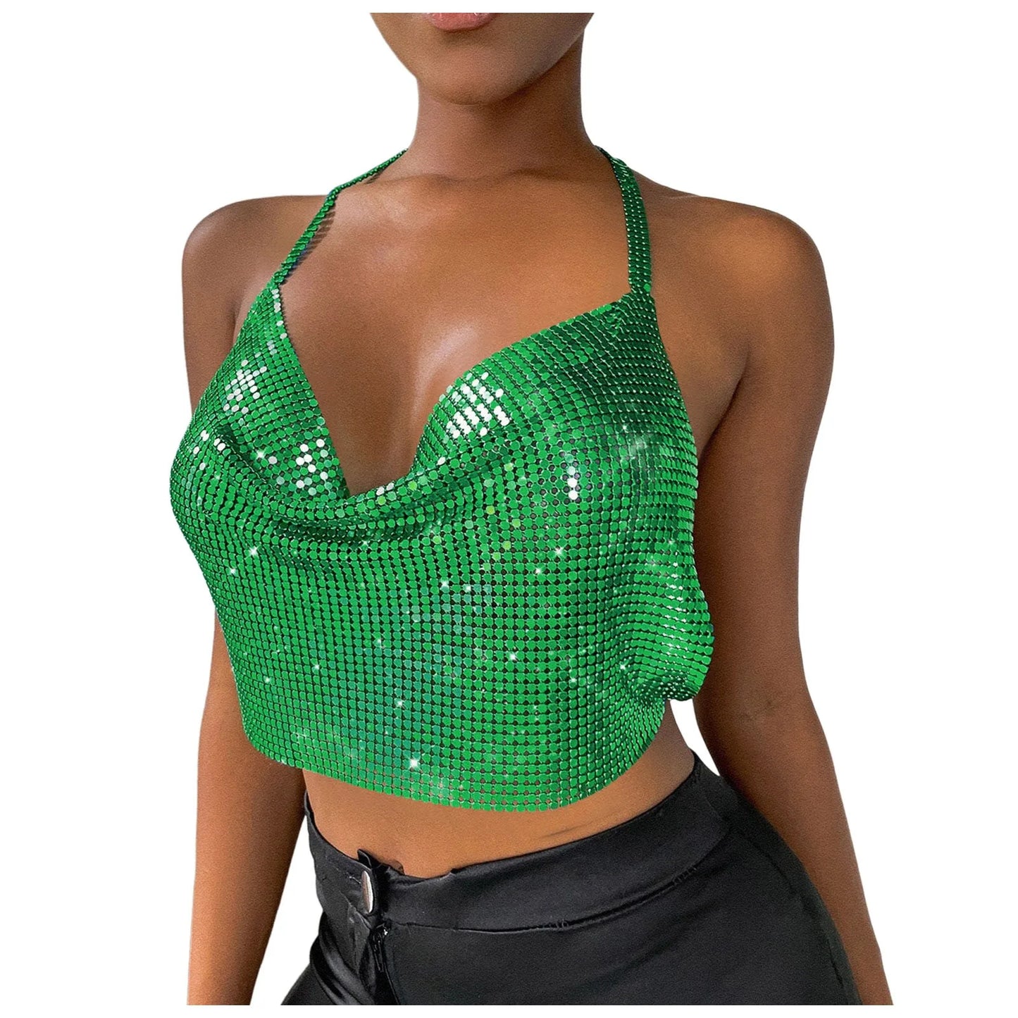 Sexy Sequins Metal Crop Tops Women Suspenders Halter Backless Night Club Tank Top
