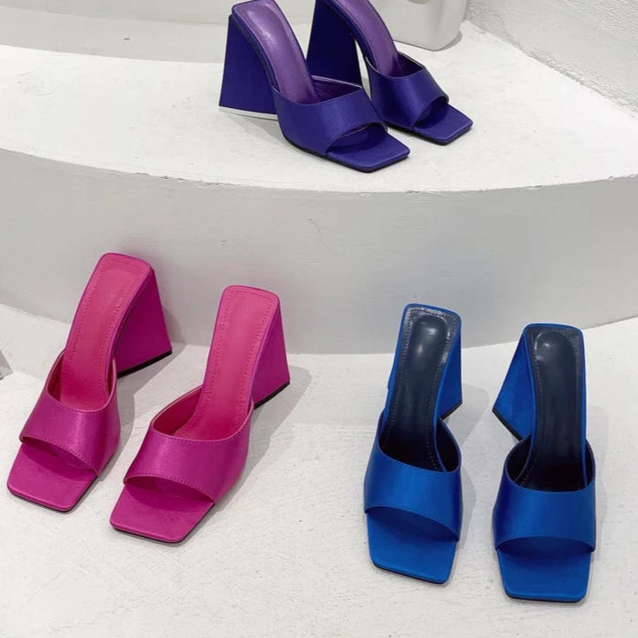 Silk Triangle Square Heels Heel Woman Slippers Sexy Street Party Square Toe Heels