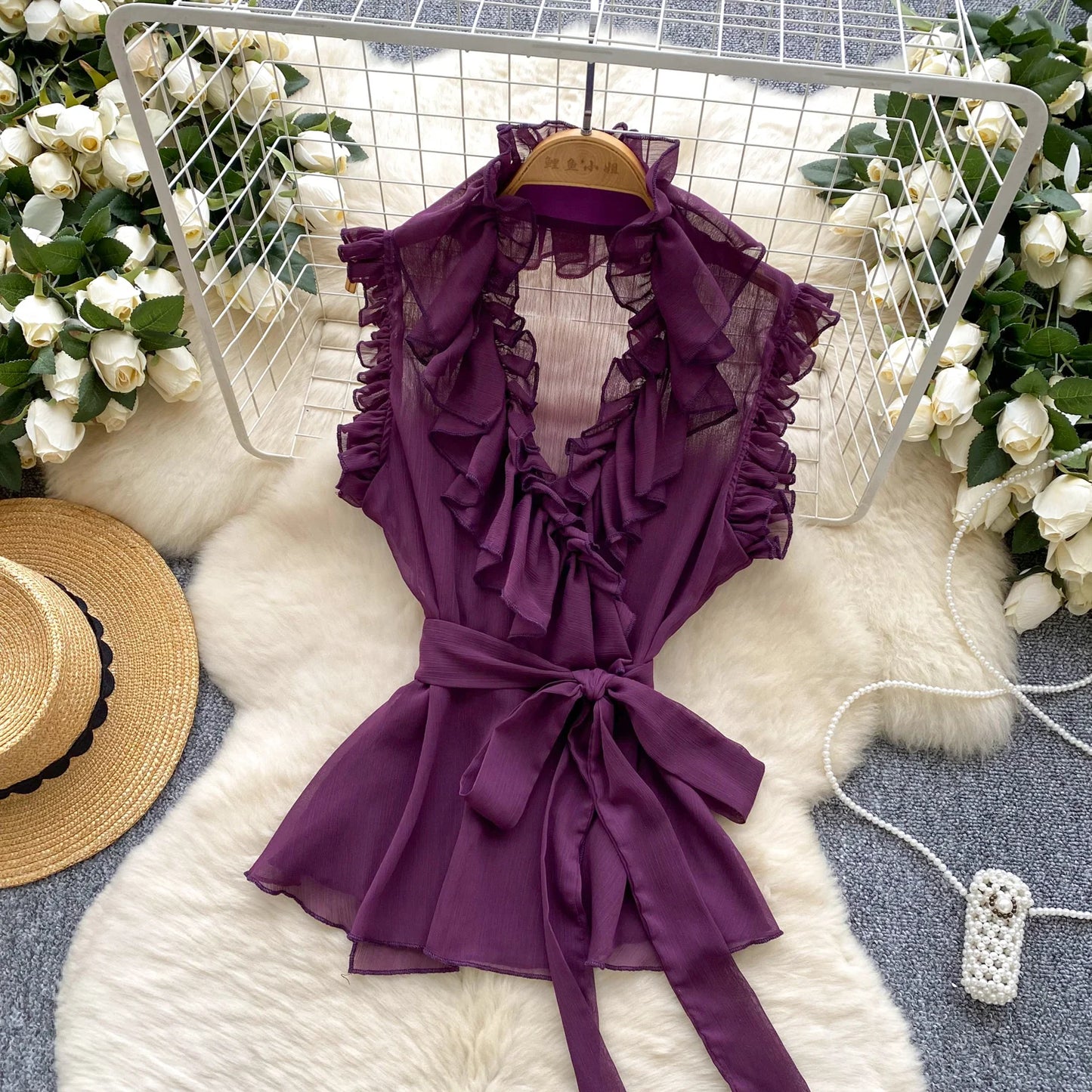 Sweet Ruffles Chiffon Blouses Women Sleeveless V Neck Retro Lace Up Blouse