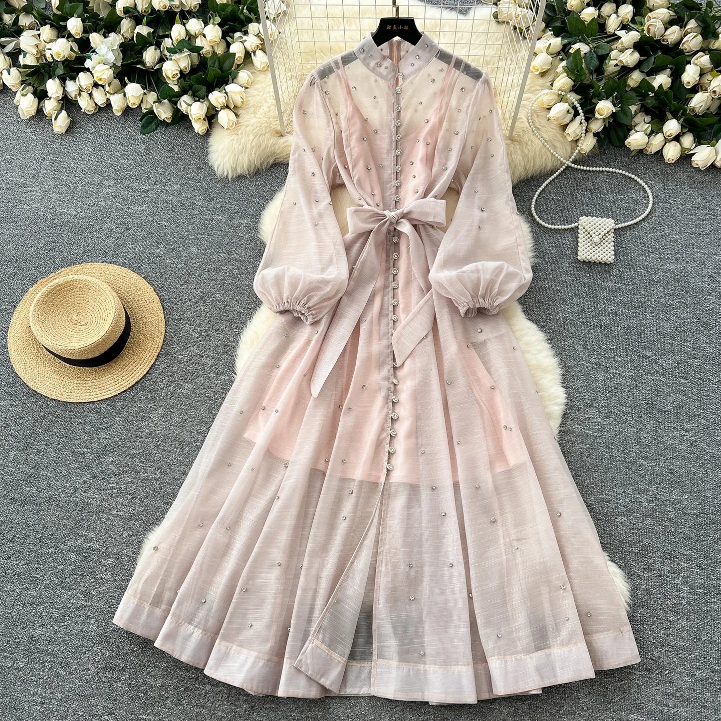 Elegant Lantern Sleeves Vintage Stand Collar Chic Single Breasted Rhinestone Bandage Slim High Street Long Dresses