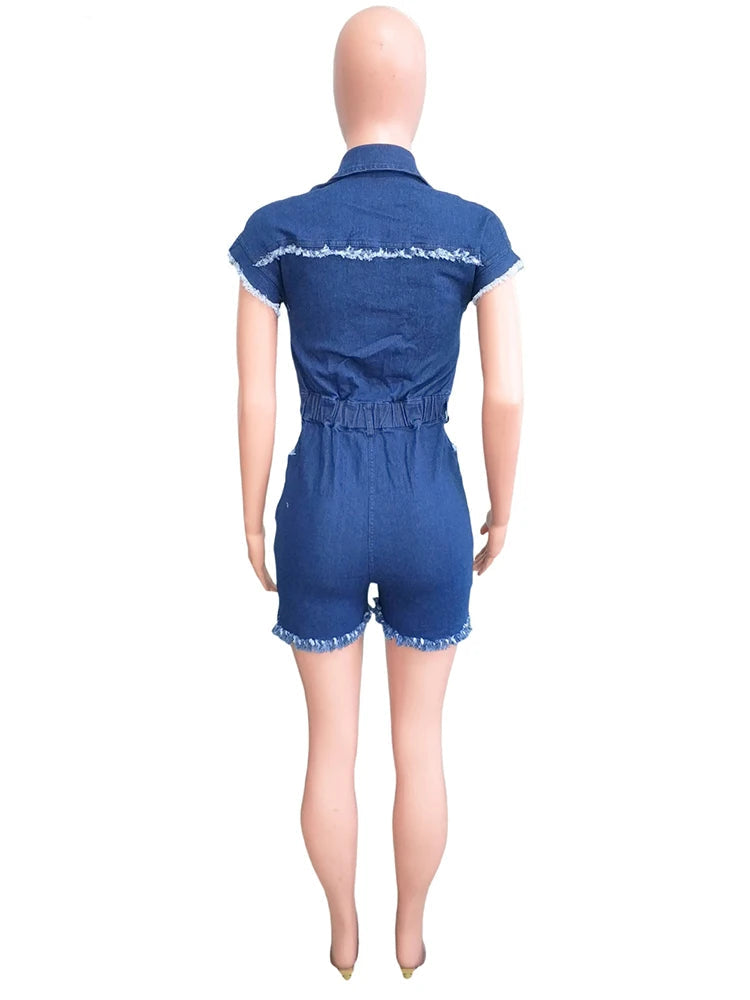 Elastic Blue Jeans One Piece Overalls Women Short Sleeve Turn-down Collar Stretch Denim Short Jumpsuit Romper Playsuits