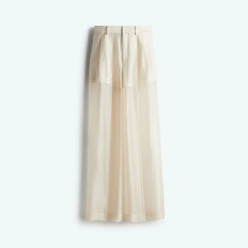 Sexy See Through Silk Set Women Elegant Blazer Coat Loose Shirt Wide-leg Pants