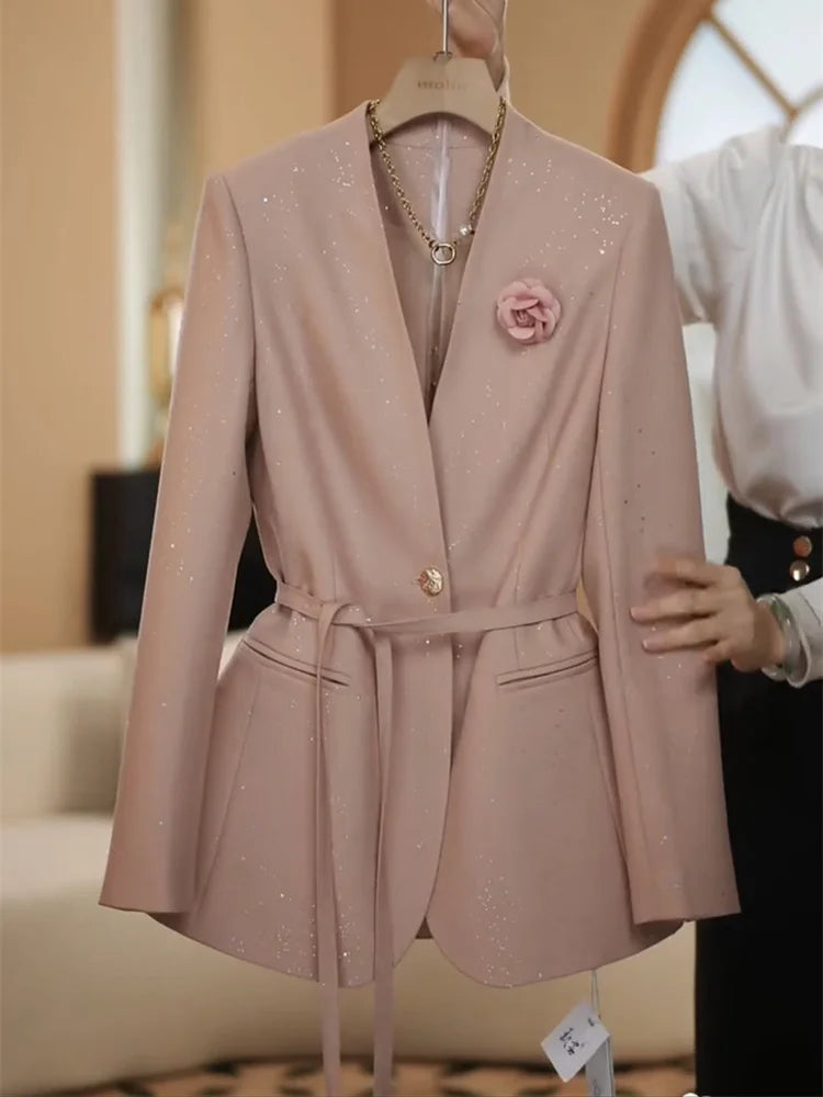 professional sequined suit wide leg pant suit women pants + blazer
