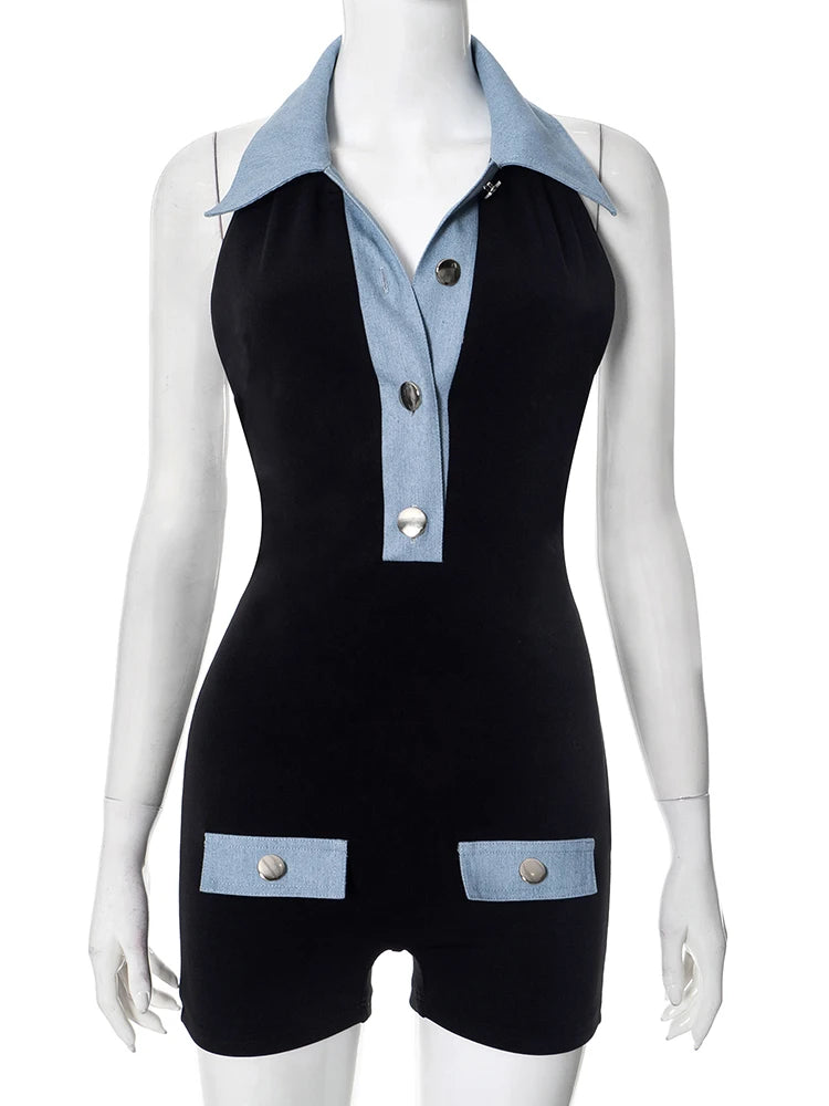 Denim Patchwork Rompers Polo-Neck Backless Sleeveless Vacation Playsuits