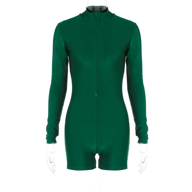 Solid Turtleneck Playsuit Romper Long Sleeve Zip Up Sexy Slim Skinny One Piece Playsuit Party Romper