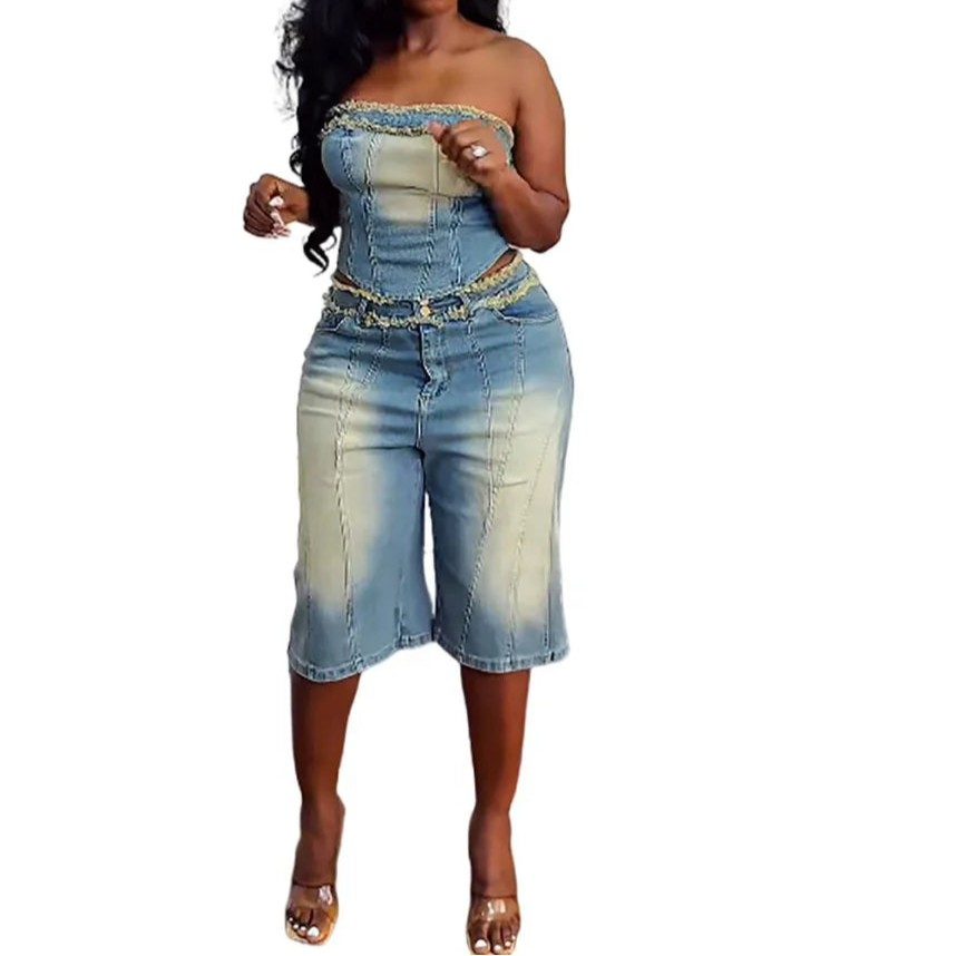 Cowboy 2 Piece Set Women Vintage Hipster Wrap Zip Backless Tube Tops+Button Straight Shorts Sexy Summer Matching Set