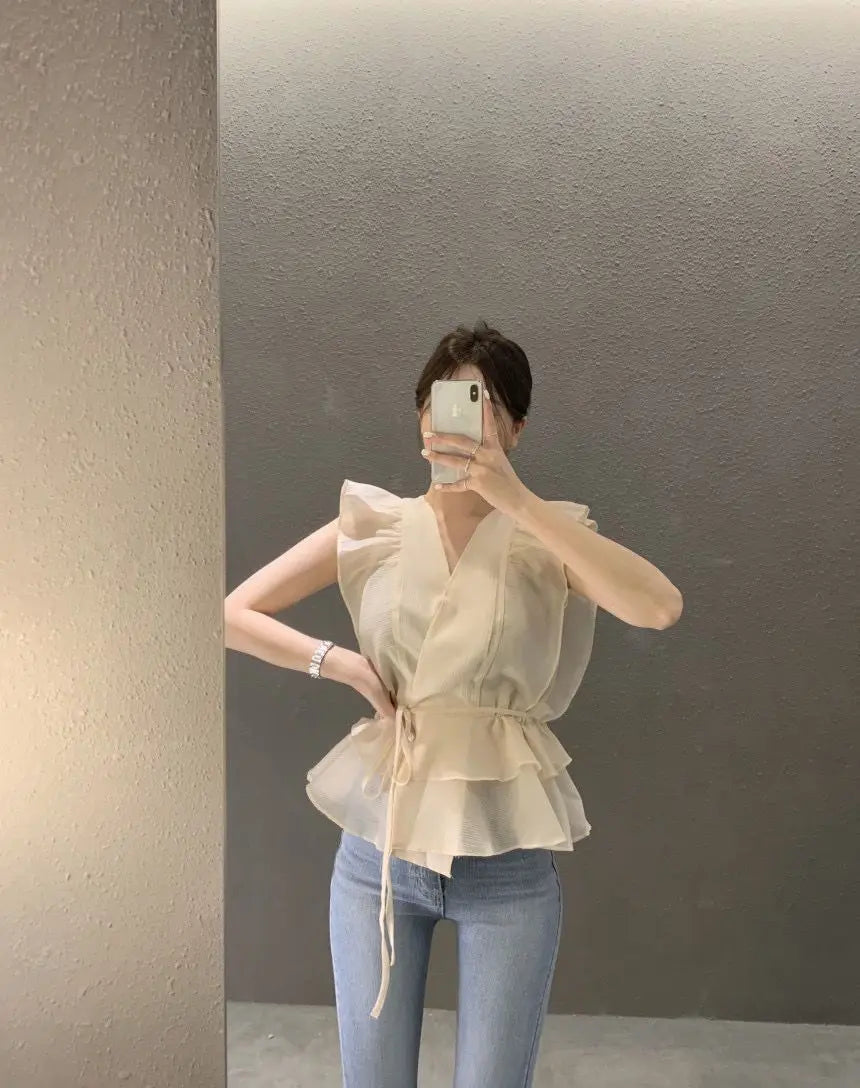Lace Up Top Ruffled V-neck Sleeveless Shirts Blouse for Women