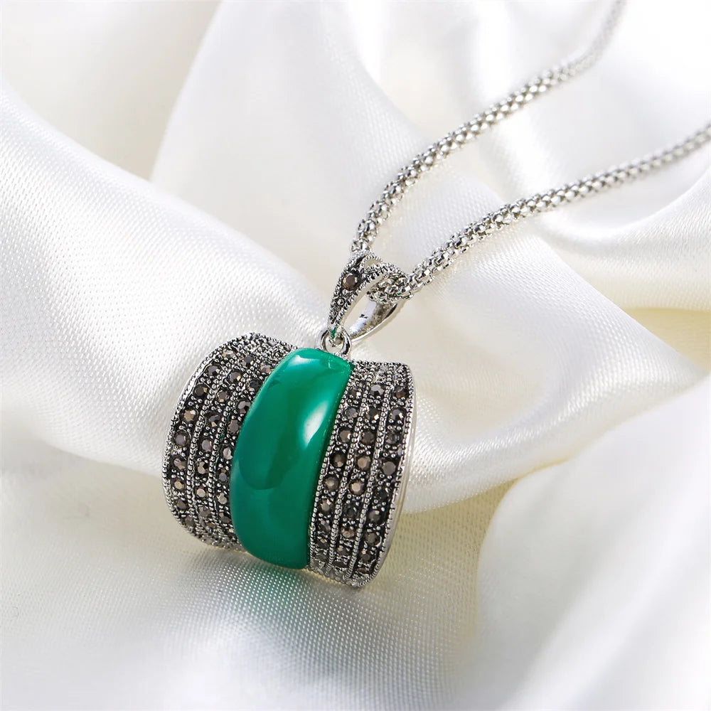 Antique Geometric Green Stone Ring Necklace And Earrings Sets for Women