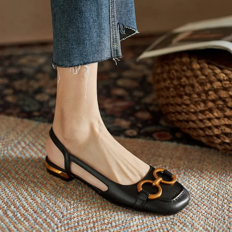 French Low Heel Retro Toe Cover Sandals Women Summer Empty Horse Bit Faux Leather Strap Sandals