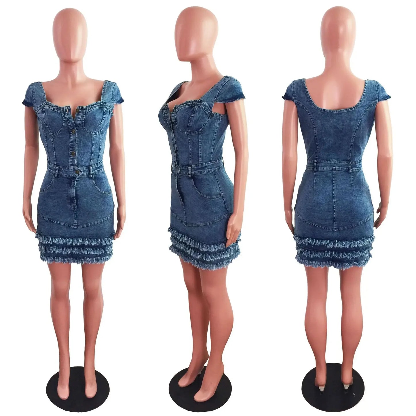 Women Sexy Short Sleeve Denim Dress Slim Fit Tassel Package Hip Pocket Button Denim Dresses Sheath Backless Tight High Waist