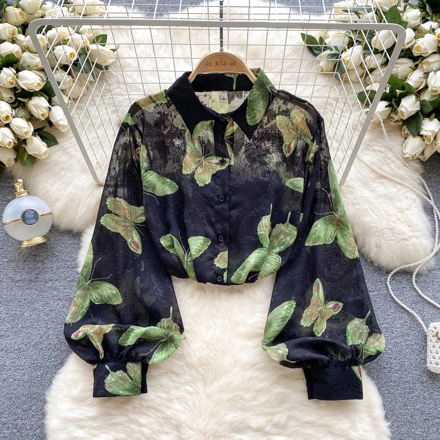 Floral Print Women Shirt Summer Lantern Sleeve Retro French Loose Blouse