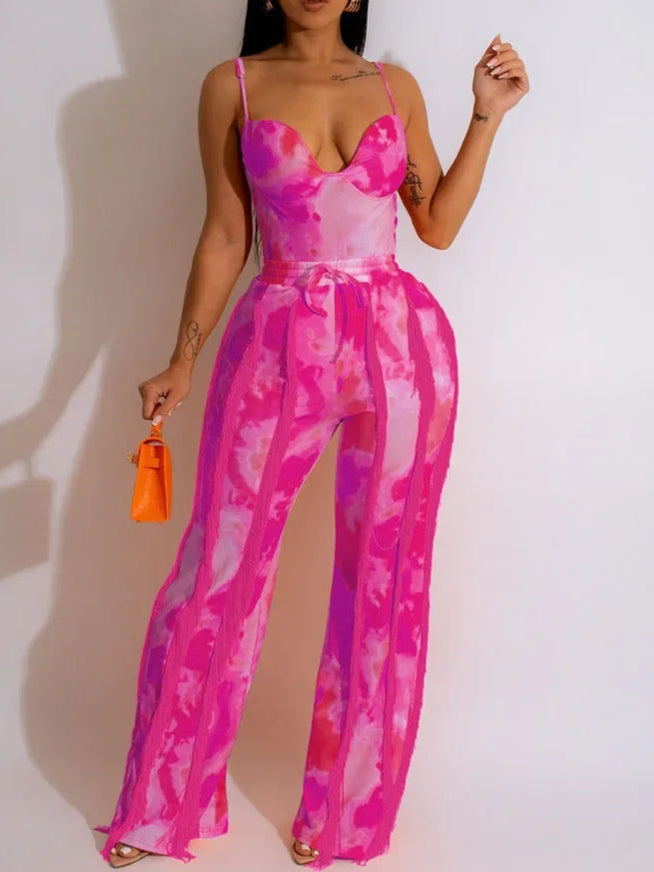 Tie Dye Printing Two Piece Set for Women Pant Sets Birthday Outfits Clubwear Bodysuit Top and Fringe Tassel Pants Matching Sets