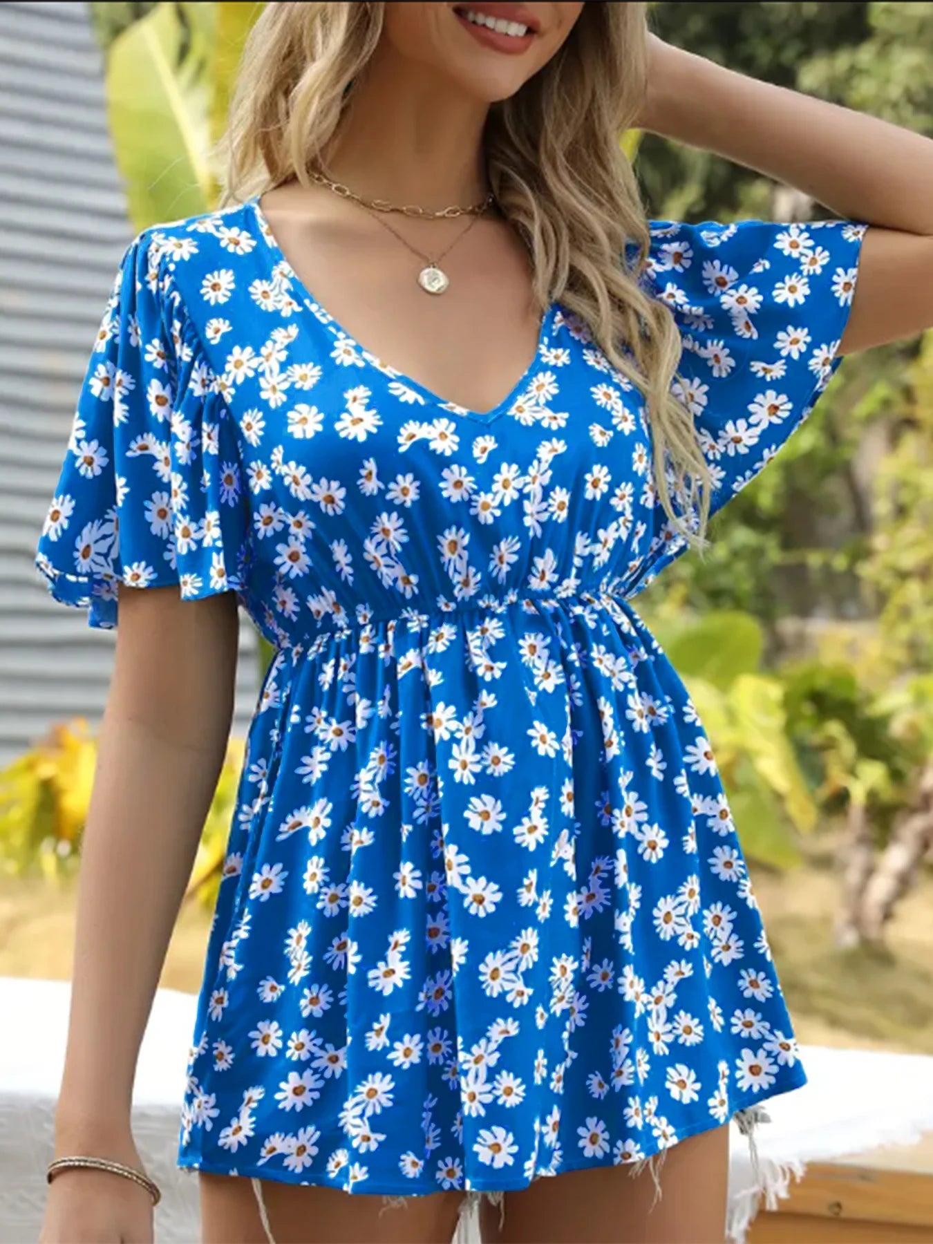 Plus size summer women's new floral V-neck waist-cinching top