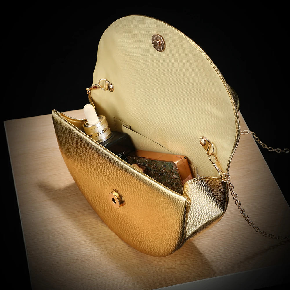 halfmoon handbag shiny evening dress bag delicate metal chain shoulder bag ladies clutch