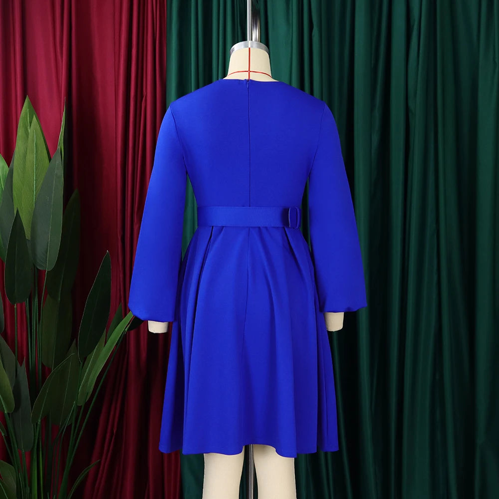 Elegant Office Dresses Women O Neck Full Sleeve Belt Waisted Pleated A Line Mid Calf Formal Female Business Work Wear Dress Midi