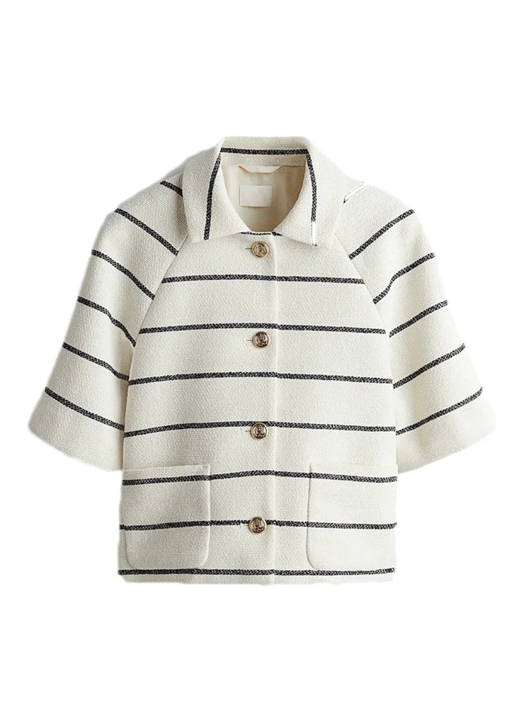 Casual Striped Women Shorts Set Lapel Single Breasted Half Sleeve Tops Pockets Mini Shorts Sets
