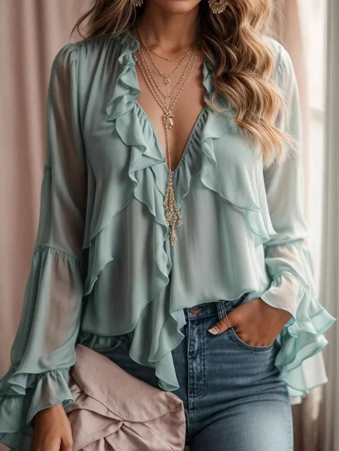 Women Chiffon Blouse Shirt Flare Sleeve Ruffle Elegant Sexy V-Neck See Through Blouse Tops