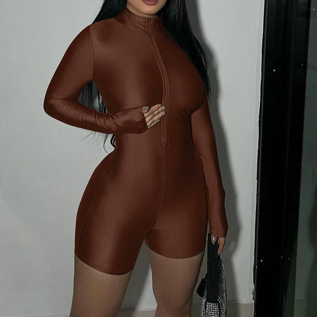 Solid Turtleneck Playsuit Romper Long Sleeve Zip Up Sexy Slim Skinny One Piece Playsuit Party Romper