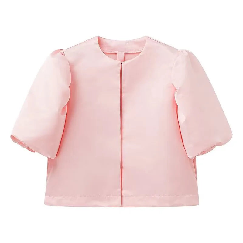 Solid Satin Women's Blouse Top With Pouf Balloon Sleeve O Neck Loose Blouses