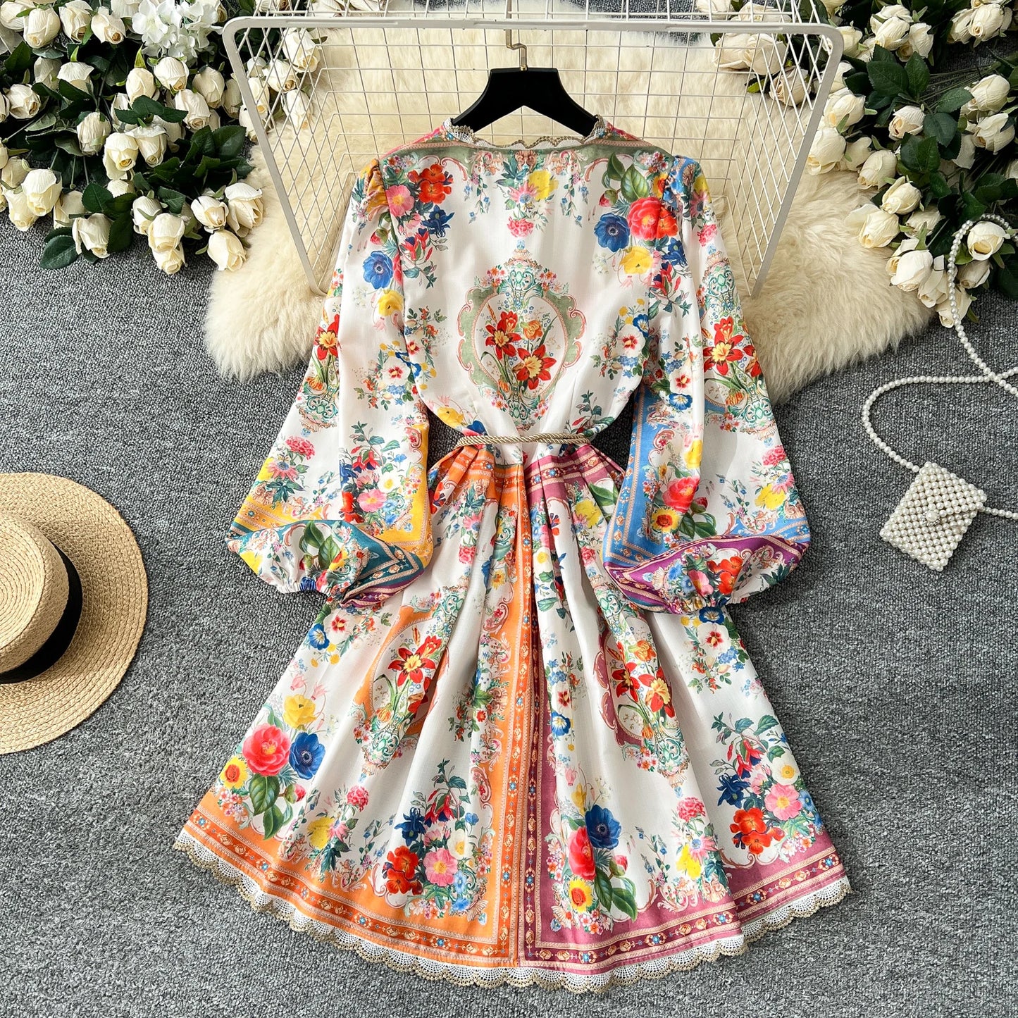 Elegant Vintage Luxury Evening Dress Women Print Sashes Button Short Party Dress Female Casual Holiday Clothing