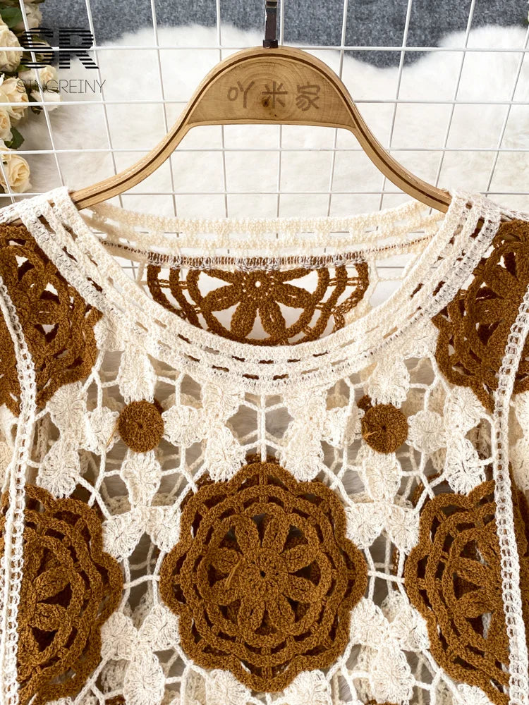 Sunscreen Hook Summer Knit Top Women Elegant O Neck Hollow Out Lantern Sleeve Ladies Vacation Tassel Beach Blouse